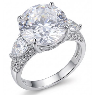 Perfection Round cut 11.2 carat White Topaz rhodium over .925 Silver handcrafted Cocktail Ring s. 7 1/4