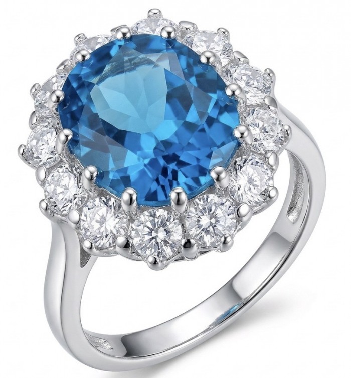 Atlantica 11.8 carat Swiss Blue Topaz .925 Sterling Silver dipped in rhodium handcrafted ring size 7 1/4