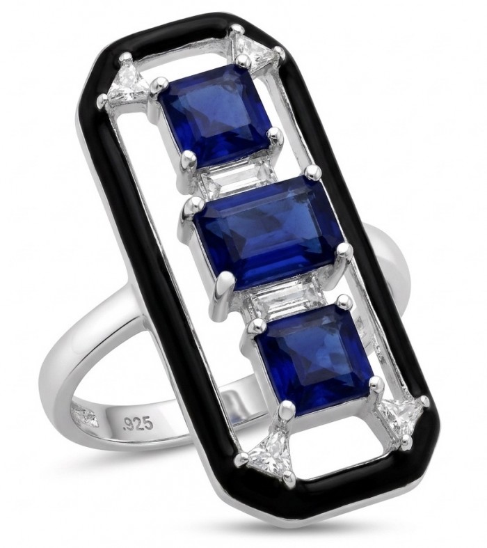 Art Deco 6.2 carat Sapphire black enamel .925 Sterling Silver handcrafted Ring size 7