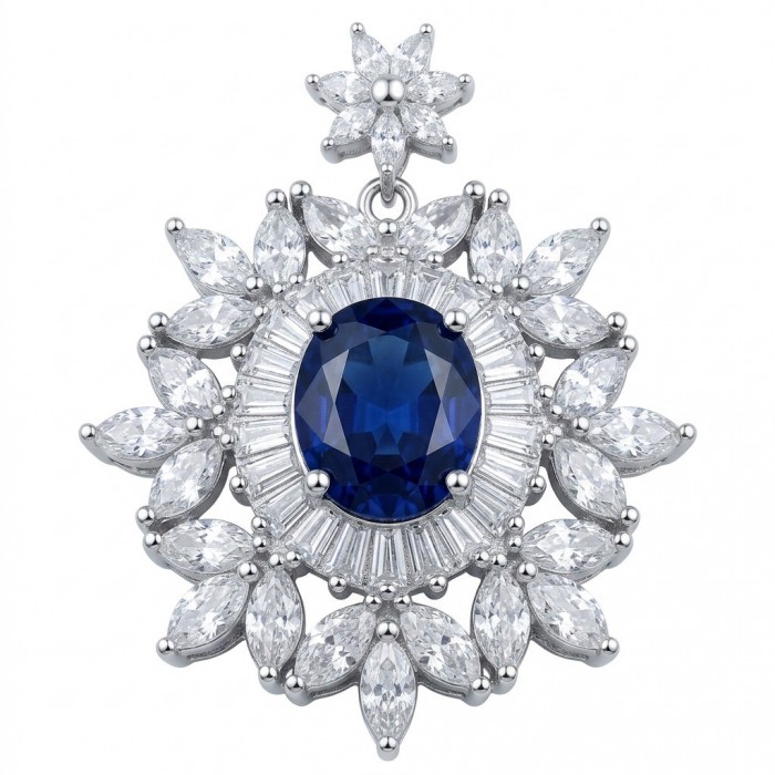 Vintage Beauty 4.7 carat Sapphire Rhodium over .925 Sterling Silver handcrafted pendant