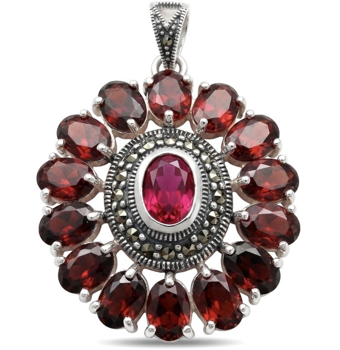 Giovanna 22.2 carat authentic Mozambique Ruby Marcasite .925 Sterling Silver handmade Pendant - video