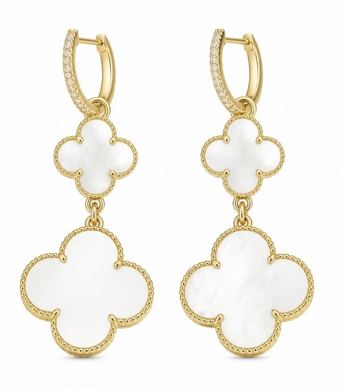 Four leaf clover Genuine Blister Pearl lab grown Diamond 18K Gold over .925 Sterling Silver handcrafted Earrings