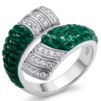 Precious Emerald bow- mystery setting authentic 16.2 carat Emerald .925 Sterling Silver Eternity Ring size 8