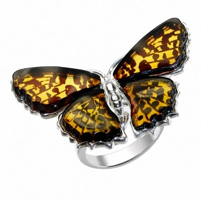 Butterfly Authentic Baltic Amber .925 Sterling Silver dipped in 18K Gold handcrafted ring; s. 7 adjustable