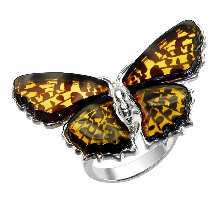 Butterfly Authentic Baltic Amber .925 Sterling Silver dipped in 18K Gold handcrafted ring; s. 7 adjustable
