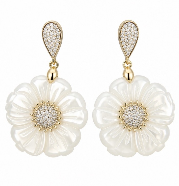 BLOOMING FLOWERS Genuine Blister Pearl 0.2 CARAT lab grown Diamond 18K Gold over .925 Sterling Silver handcrafted Statement Earrings