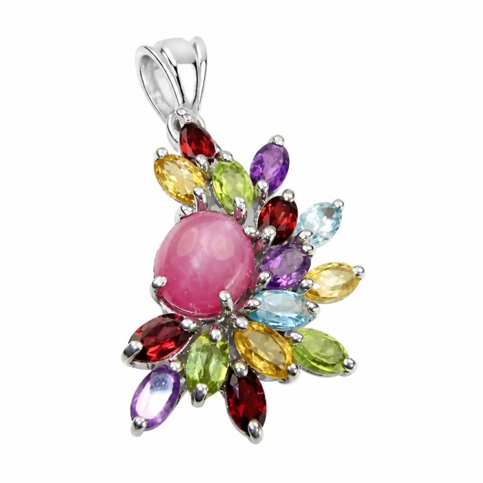 Summer Fiesta 22.8 carat Precious Kashmir Ruby Multigem rhodim over .925 Sterling Silver dipped in rhodium Pendant