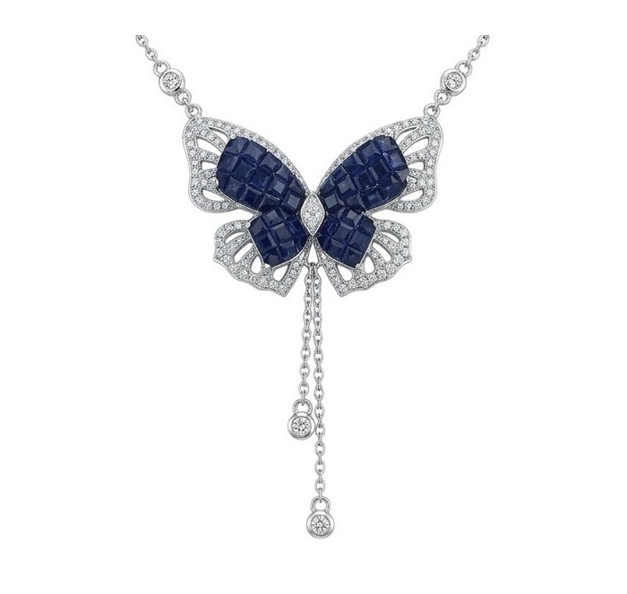 Blue Butterfly mystery setting 8.2 carat natural Sapphire .925 Sterling Silver handcrafted Necklace