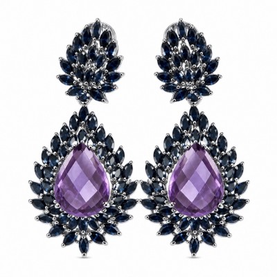 Giuseppina - Authentic 26.5 carat Amethyst Sapphire rhodium over .925 Sterling Silver handcrafted Statement earrings