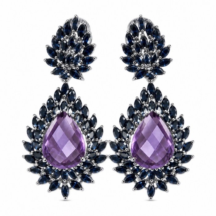 Giuseppina - Authentic 26.5 carat Amethyst Sapphire rhodium over .925 Sterling Silver handcrafted Statement earrings - video