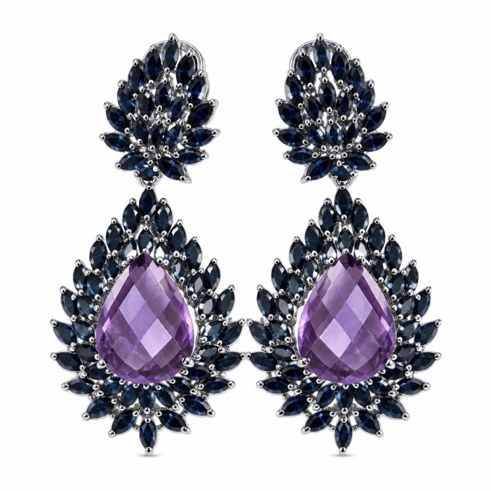 Giuseppina - Authentic 26.5 carat Amethyst Sapphire rhodium over .925 Sterling Silver handcrafted Statement earrings