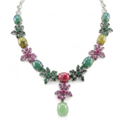 Isabella - Beauty of Nature natural 155.5 carat Ruby Green Tourmaline Rhodium over .925 Sterling Silver handmade Statement necklace