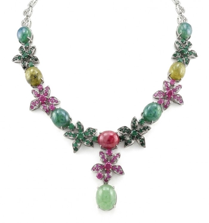Isabella - Beauty of Nature natural 155.5 carat Ruby Green Tourmaline Rhodium over .925 Sterling Silver handmade Statement necklace