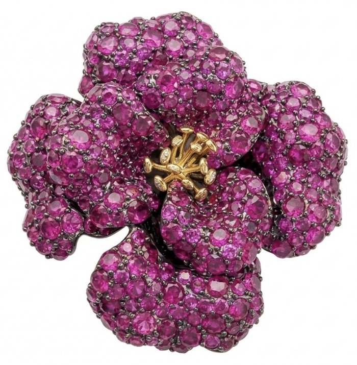 Black Label Collection - Retro Style - Rose Genuine 40.5 carat Ruby 2 tones .925 Sterling Silver dipped in black rhodium handmade Pendant - Brooch - video