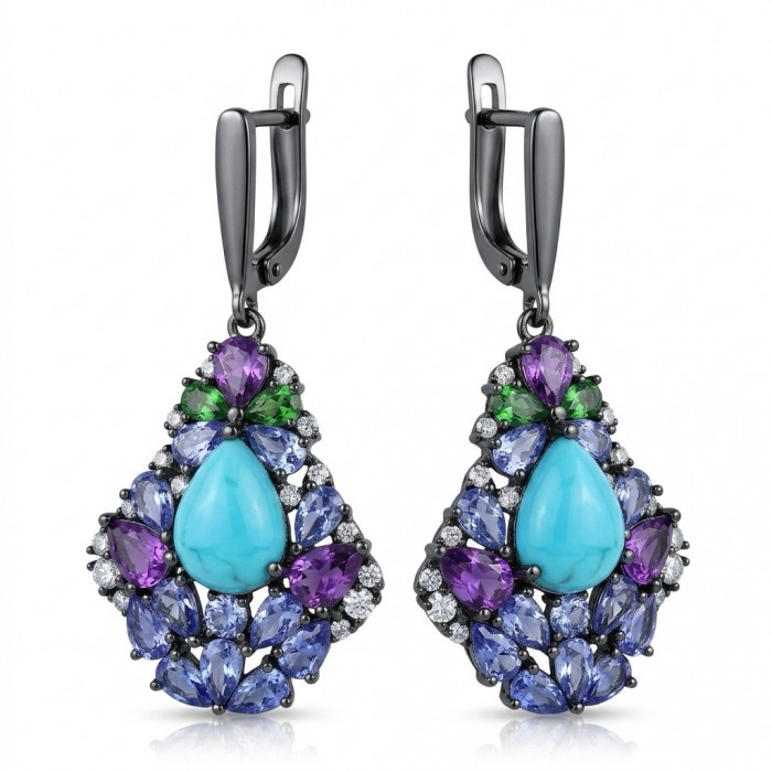 Discover the captivating allure of Genuine Caribbean Larimar black rhodium over .925 Sterling Silver STATEMENT earrings