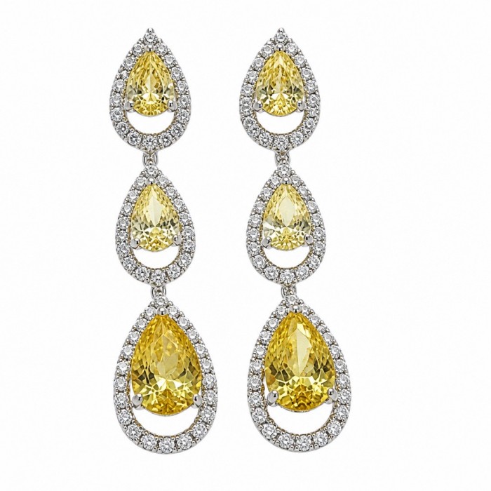 Luxurious pear cut 8.5 carat Yellow Sapphire rhodium over .925 Sterling Silver handcrafted earrings
