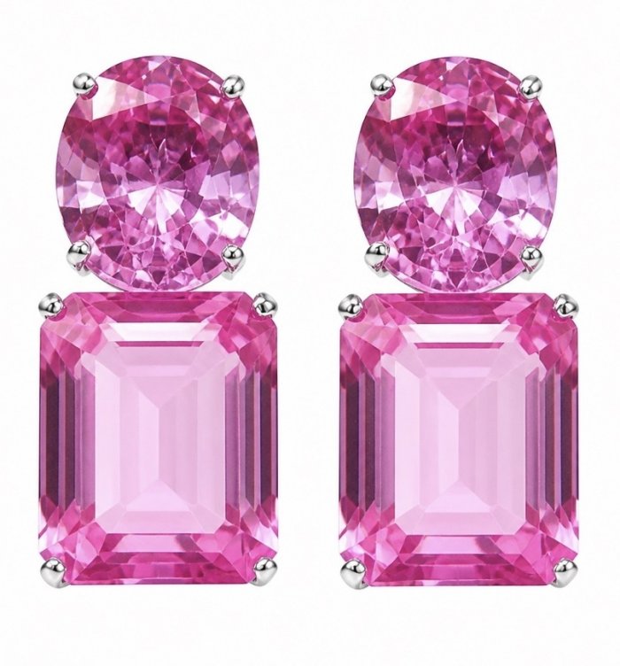 Large - Tiffany - authentic baquette oval cut 29.7 carat Pink Sapphire .925 Sterling Silver handcrafted Earrings - video