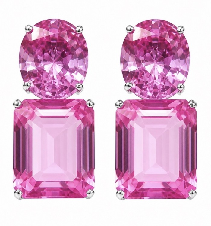 Large - Tiffany - authentic baquette oval cut 29.7 carat Pink Sapphire .925 Sterling Silver handcrafted Earrings