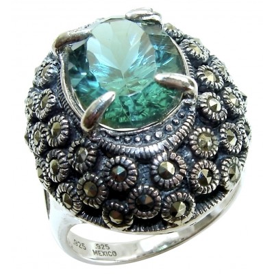 Massive Deep Blue 18.8 carat Aquamarine Marcasite .925 Sterling Silver handcrafted ring size 8
