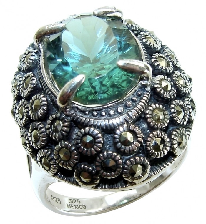 Massive Deep Blue 18.8 carat Aquamarine Marcasite .925 Sterling Silver handcrafted ring size 8