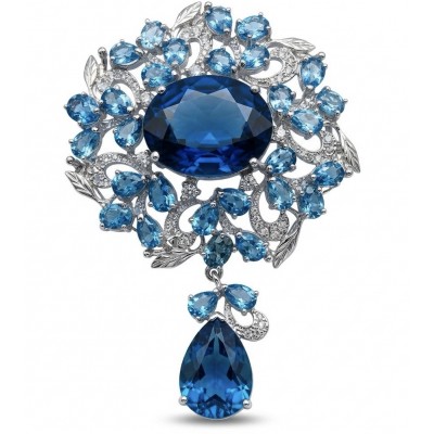 An exuberantly Large 58.2 grams Vintage style Swiss Blue Topaz .925 Sterling Silver DIPPED IN RHODIUM handmade LARGE Pendant - Brooch