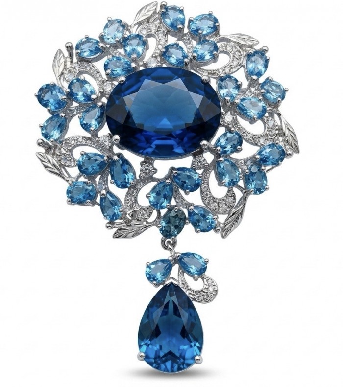 An exuberantly Large 58.2 grams Vintage style Swiss Blue Topaz .925 Sterling Silver DIPPED IN RHODIUM handmade LARGE Pendant - Brooch