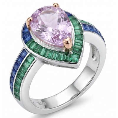 Emily - Art Deco - Precious genuine 9.8 carat Kunzite rhodium over .925 Sterling Silver handcrafted ring size 7