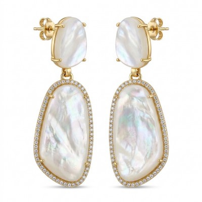 Genuine Blister Pearl lab grown Diamond 18K Gold over .925 Sterling Silver handcrafted Large Statement Earrings