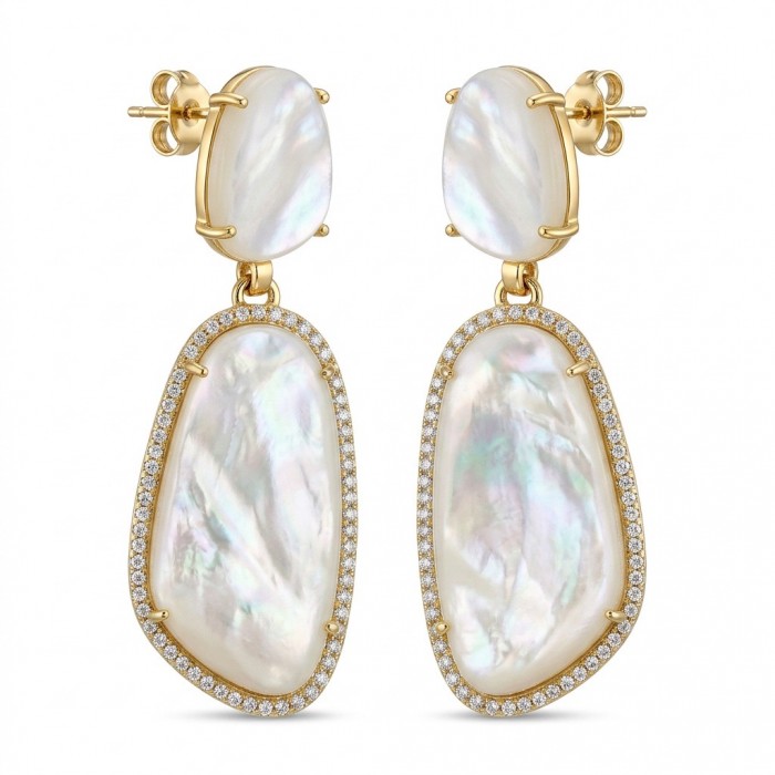 Genuine Blister Pearl lab grown Diamond 18K Gold over .925 Sterling Silver handcrafted Large Statement Earrings