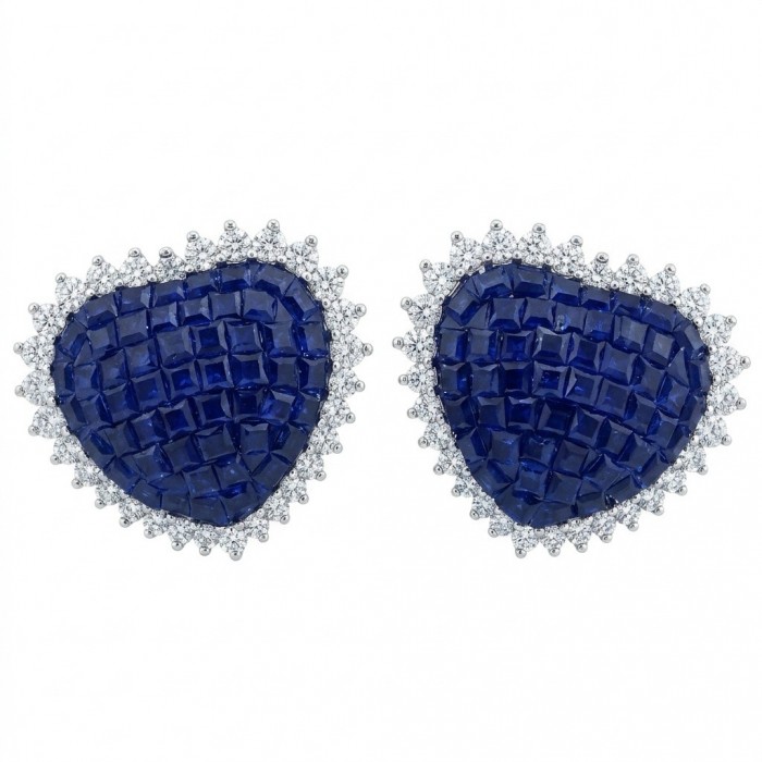 Precious Hearts mystery setting 11.8 carat Sapphire .925 Sterling Silver earrings