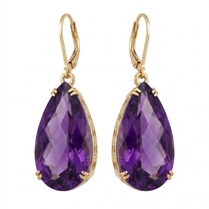Natural 22.6 carat fancy pear cut Amethyst 14K Gold over .925 Sterling Silver handmade earrings