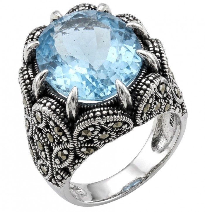 Massive Deep Blue 22.8 carat Aquamarine Marcasite .925 Sterling Silver handcrafted ring size 7