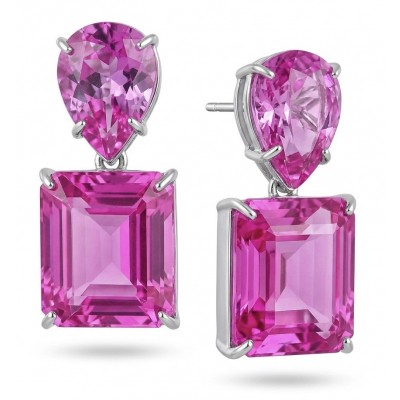 Large - Tiffany - authentic baquette oval cut 25.5 carat Pink Sapphire .925 Sterling Silver handcrafted Earrings