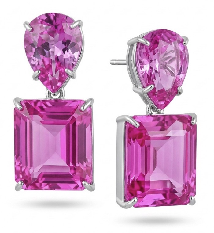 Large - Tiffany - authentic baquette oval cut 25.5 carat Pink Sapphire .925 Sterling Silver handcrafted Earrings