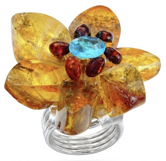 Magical Fern Flower Natural Baltic Amber 4.9 carat Swiss Blue Topaz .925 Sterling Silver handmade Large STATEMENT ring; s. 7 adjustable