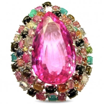 An exuberantly Large 69.8 grams Vintage style Pink Sapphire 44.2 Brazilian Tourmaline .925 Sterling Silver handmade LARGE Pendant - Brooch