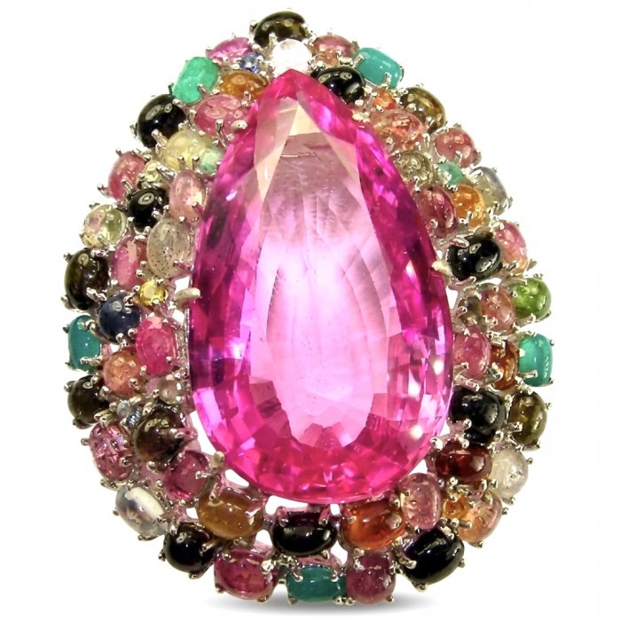 An exuberantly Large 69.8 grams Vintage style Pink Sapphire 44.2 Brazilian Tourmaline .925 Sterling Silver handmade LARGE Pendant - Brooch - video