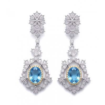 Atlantica 6.7 carat Swiss Blue Topaz 2 tones .925 Sterling Silver dipped in Rhodium Handcrafted Statement earrings