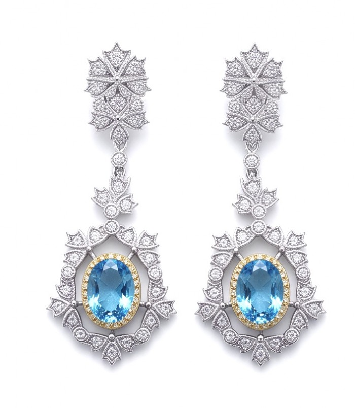 Atlantica 6.7 carat Swiss Blue Topaz 2 tones .925 Sterling Silver dipped in Rhodium Handcrafted Statement earrings