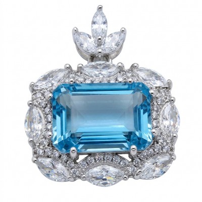 Vintage style boquette cut 12.8 carat Swiss Blue Topaz .925 Sterling Silver DIPPED IN RHODIUM handmade Pendant