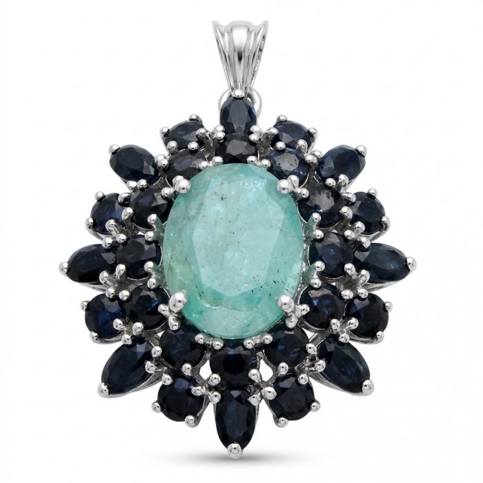 Buena Vista - authentic 21.5 carat Colombian Emerald Sapphire rhodium over .925 Sterling Silver handcrafted Pendant