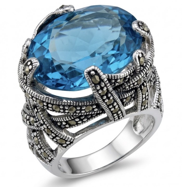 Poseidon 23.8 carat Swiss Blue Topaz .925 Sterling Silver handcrafted Large ring size 7