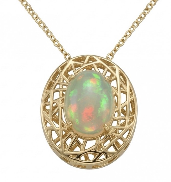 Earth Treasure Authentic 12.8 carat Golden Ethiopian Opal 22K Gold over .925 Sterling Silver handcrafted Statament Necklace