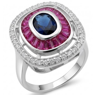 Art Deco 8.6 ctw Sapphire Ruby Rhodium plated .925 Sterling Silver handcrafted Statement Ring size 8