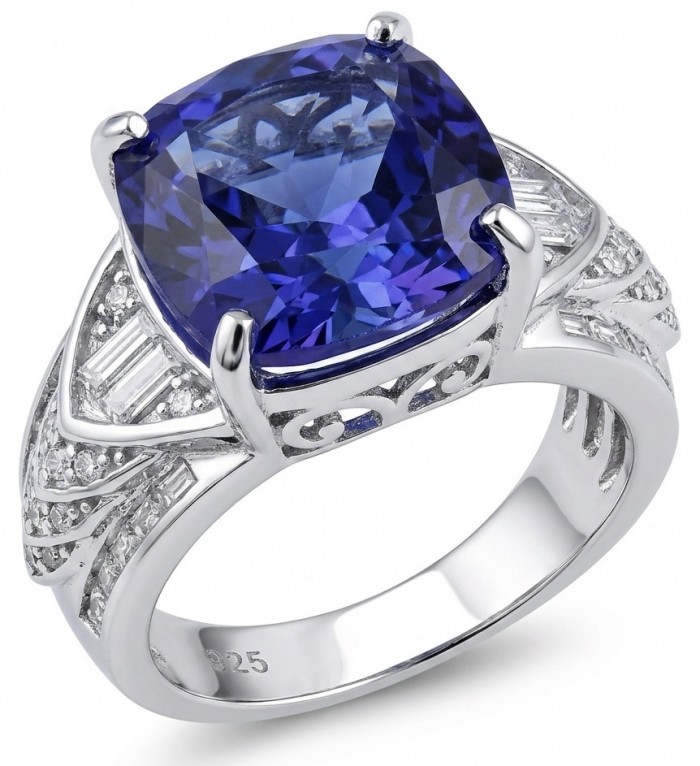 Precious - Art Deco Design asscher cut 15.9 CARAT Tanzanite rhodium over .925 Sterling Silver Statement Ring s. 7
