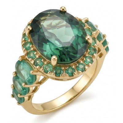 Elizabeth oval cut 12.8 carat top quality Colombian Emerald .925 Sterling Silver dipped in 22K Gold handcrafted Ring size 6