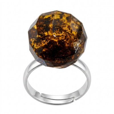 Sunset Authentic Baltic Amber rhodium over .925 Sterling Silver handcrafted ring; s. 7 adjustable