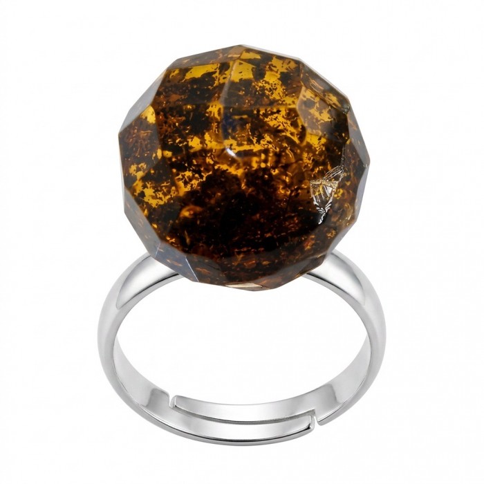 Sunset Authentic Baltic Amber rhodium over .925 Sterling Silver handcrafted ring; s. 7 adjustable