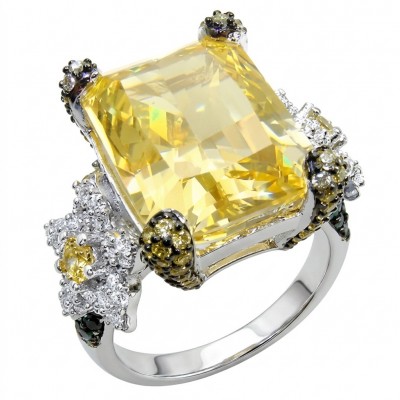 Real Art! - Luxurious bauqette cut 21.9 carat Yellow Sapphire .925 Sterling Silver rhodium over handcrafted Ring s. 8 1/4