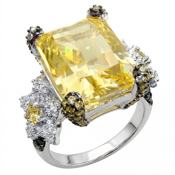 Real Art! - Luxurious bauqette cut 21.9 carat Yellow Sapphire .925 Sterling Silver rhodium over handcrafted Ring s. 8 1/4